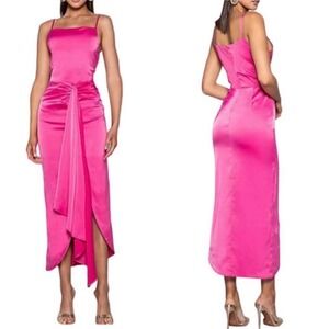 Elle Zeitoune Pink Patrice Draped Satin Front Knot Formal Maxi Dress XL